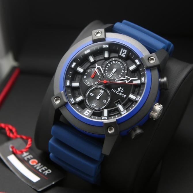 Jam Tangan Pria Hegner Hw 9010 G-3 Blue Black Pria Rubber. Original