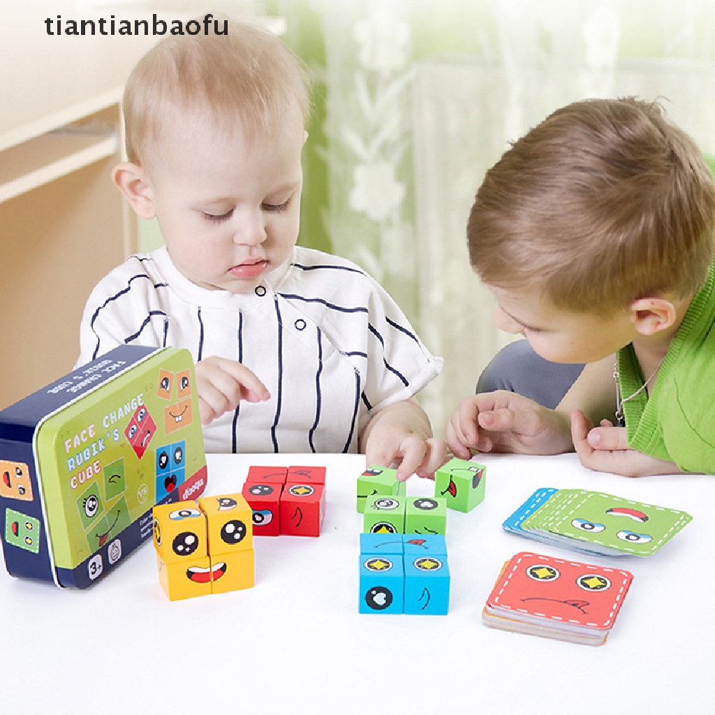 [tiantianbaofu] Mainan Edukasi Perubahan Emosi Blok Ekspresi Puzzle Edukasi Belajar Dini Montessori Mainan Anak Kayu Cube Table Games Butik