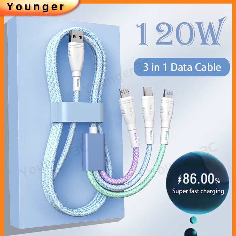 Kabel Cas Super Cepat 120W Tenun Warna-Warni 3in1 Macaron Woven Data Line 6A Multi Head Charging Line Untuk ios Tipe C Android