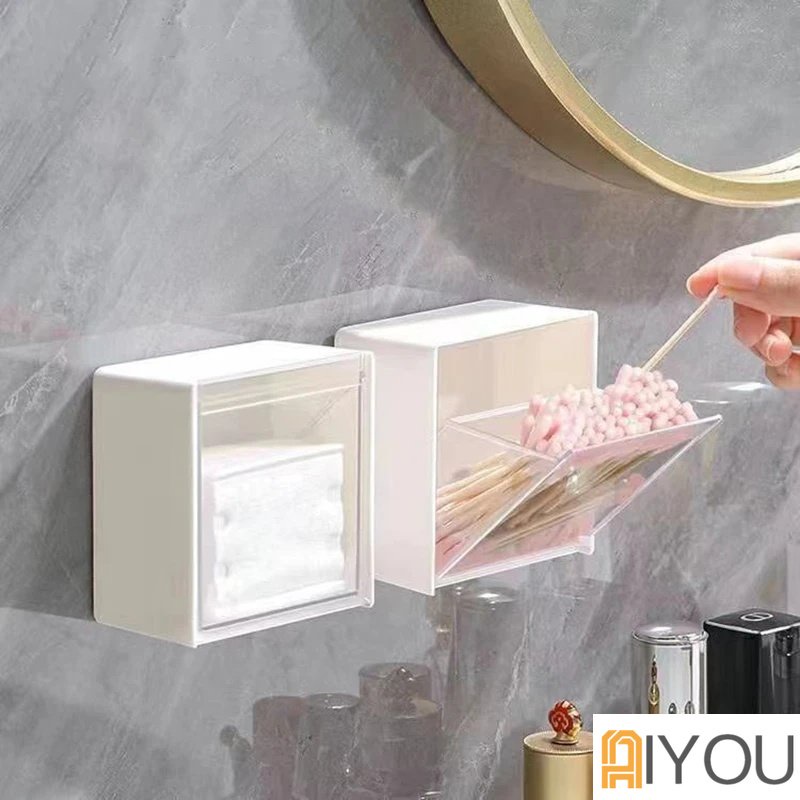 Kotak Penyimpanan Tempel Dinding Plastik Tahan Debu Organizer Kamar Mandi Untuk Cotton Swab Makeup Perekat Kecil Kotak Tempat Perhiasan