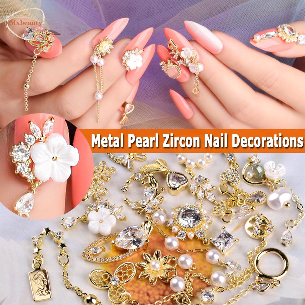 MXBEAUTY DIY 3D Nail Rhinestones Shiny Crystal Pendant Chain Nail Drills Charms Pearl Luxury Nail Art Decorations Manicure Metal Zircon Nail Art Jewelry