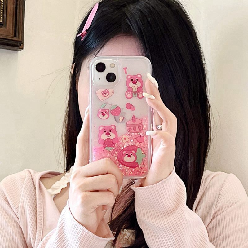 Nice Quicksand Pink Strawberry Bear Girl Woman Soft TPU Case HP iP iPhone 12 13 14 Pro Max 11 FTD Casing Apple