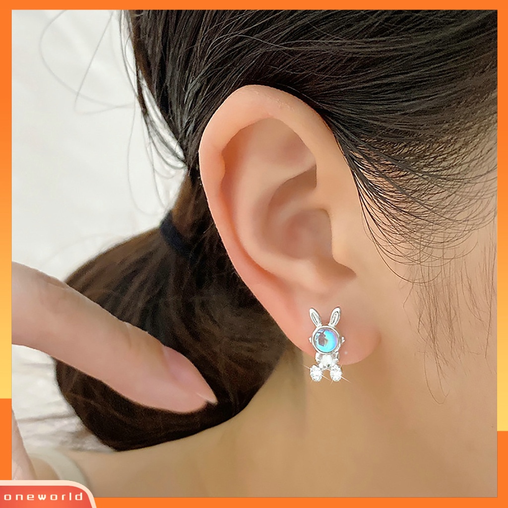 [EONE] 1pasang Ear Studs Faux Moonstone Mini Bawa Keberuntungan Bling Berlian Imitasi Kelinci Bunny Wanita Anting Perhiasan Aksesoris