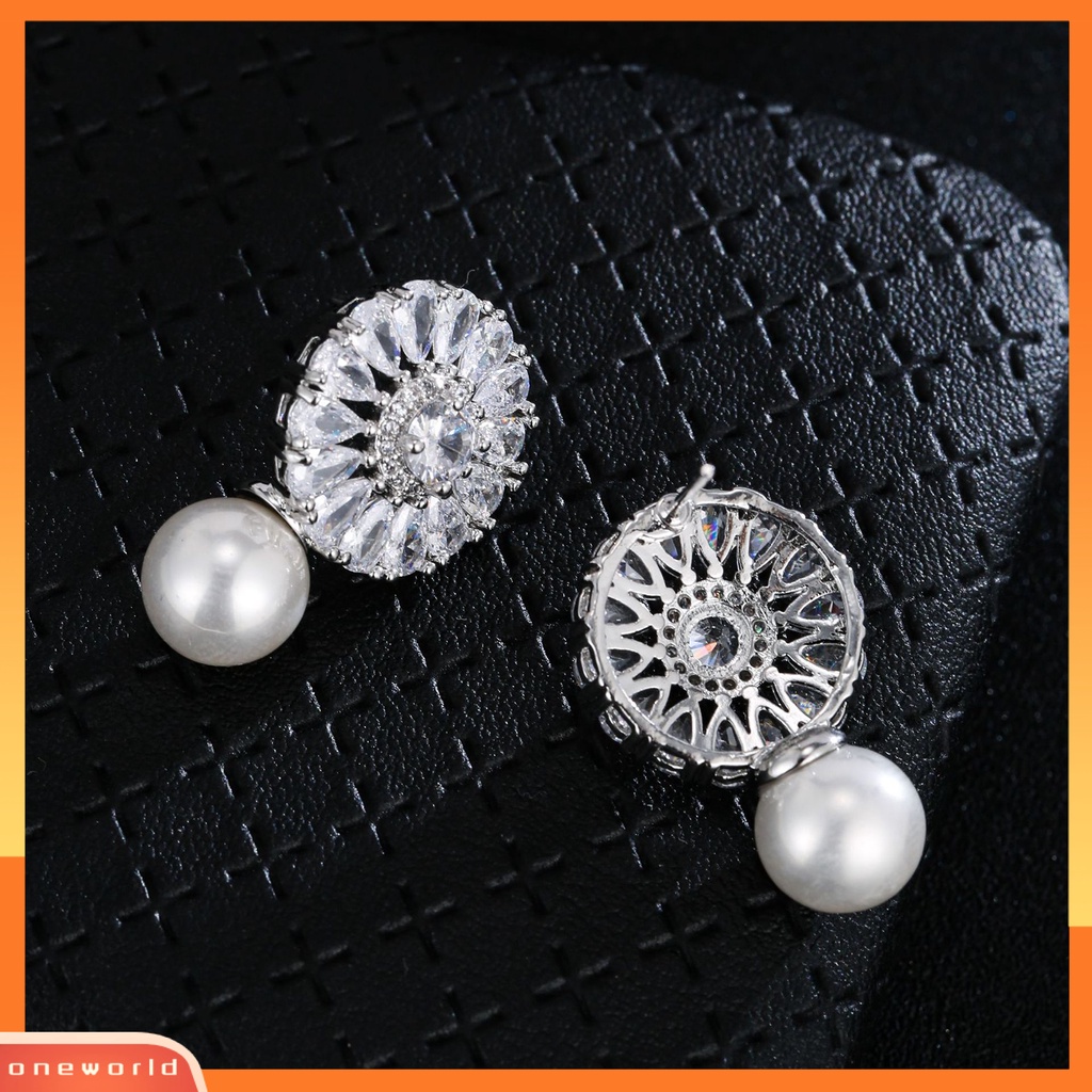 [EONE] 1pasang Drop Earrings Cubic Zirconia Shiny Charming Geometric High-end Dekorasi Aksesori Baroque Bunga Imitasi Mutiara Anting Perhiasan Pertunangan