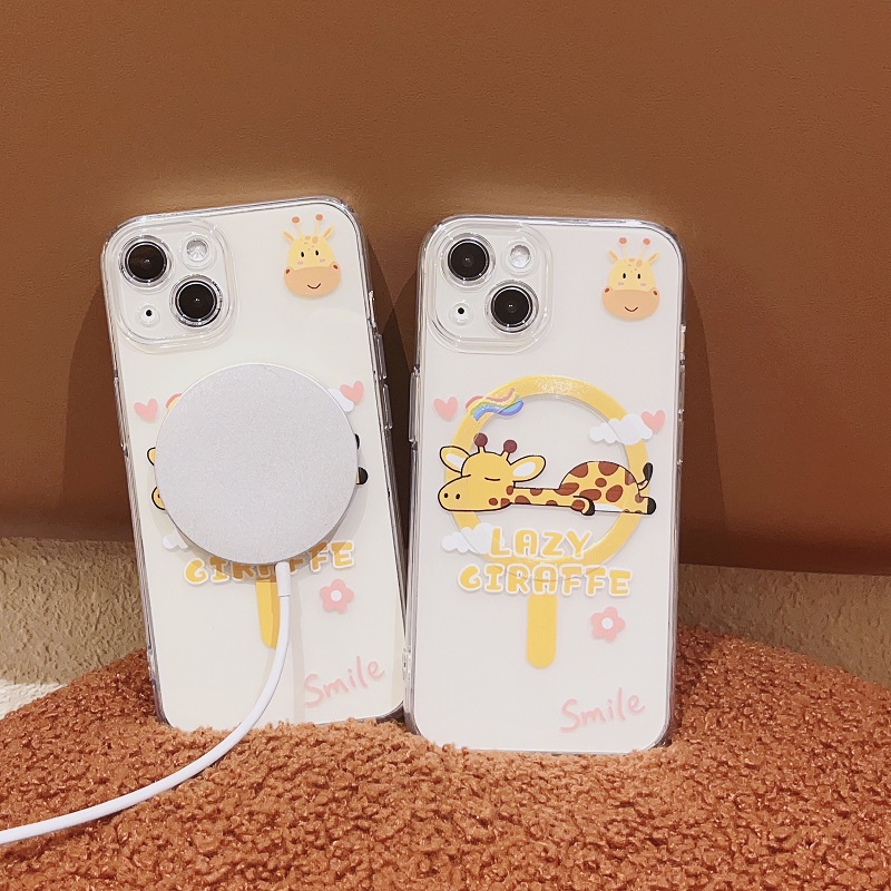 Untuk iPhone magnetic charge Case14 13 12 11 Pro Max Kartun Lucu Jerapah Transparan Soft case