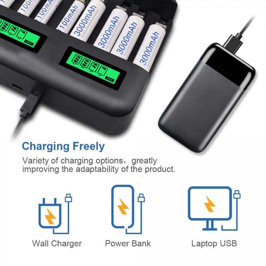 Charger Baterai Casan 8 Slot Dual Proteksi LCD USB Micro-Type C