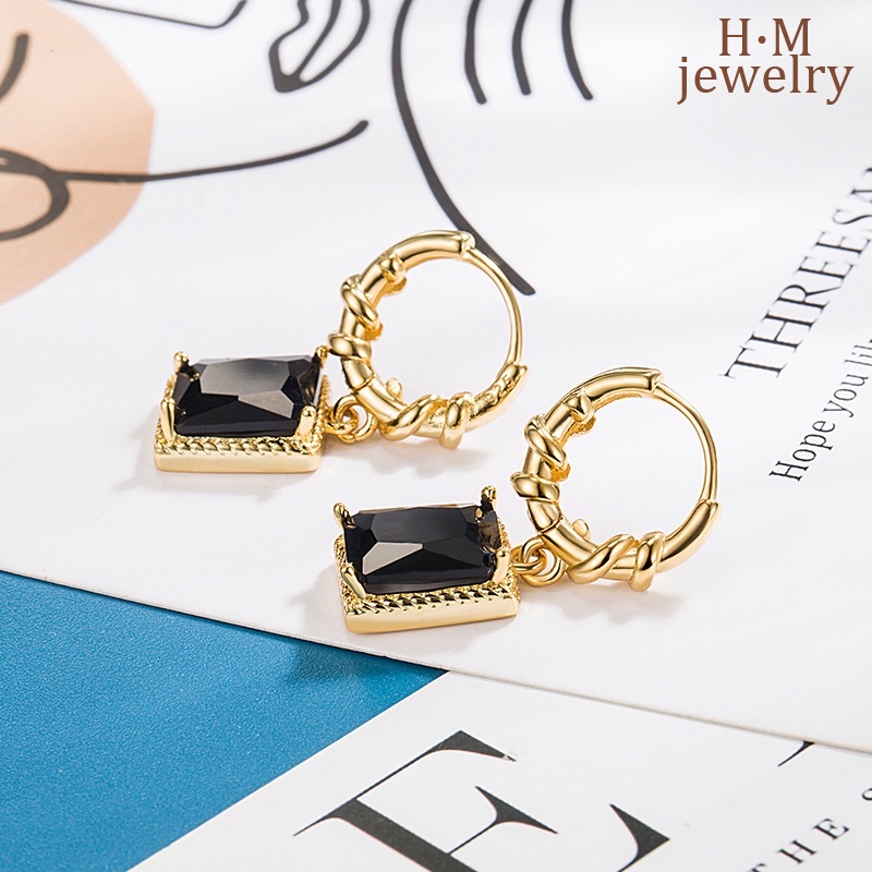 S925 Perak Retro Hitam AAA Zirkon Anting Bermutu Tinggi Cahaya Mewah Temperamen Anting