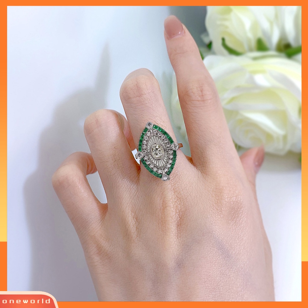 [EONE] Wanita Cincin Berlian Imitasi Mengkilap Hias Two-tone Geometri Electroplating Art Deco Hadiah Natural Emerald Faux Gemstone Engagement Wedding Ring Untuk Anniversary
