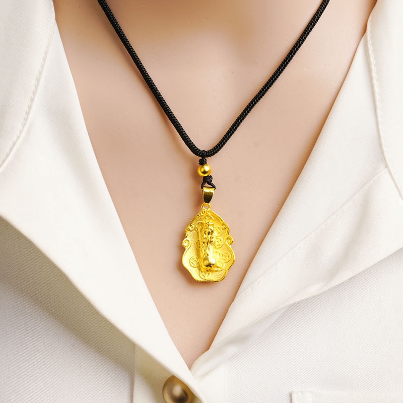 Goldkingdom Fashion Perhiasan 24K Bangkok Aksesoris Ready Stock Satu Daun Berani Kalung Maitreya Buddha Liontin Adjustable Tali Hitam Wanita Pria