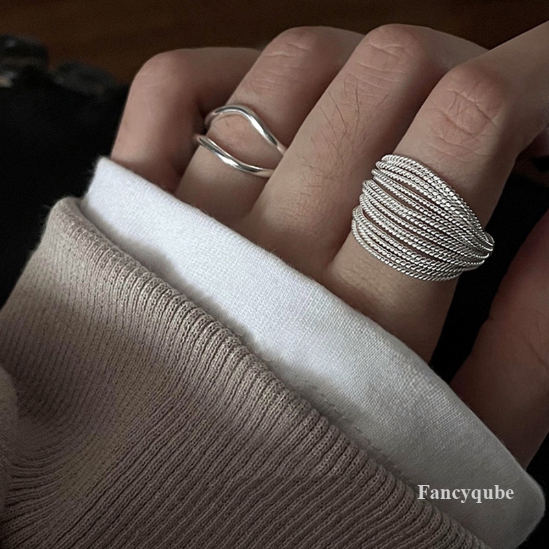 925 Sterling Silver Garis Unik Cincin Untuk Wanita Perhiasan Jari Cincin Adjustable Terbuka Vintage Untuk Pesta Hadiah Ulang Tahun