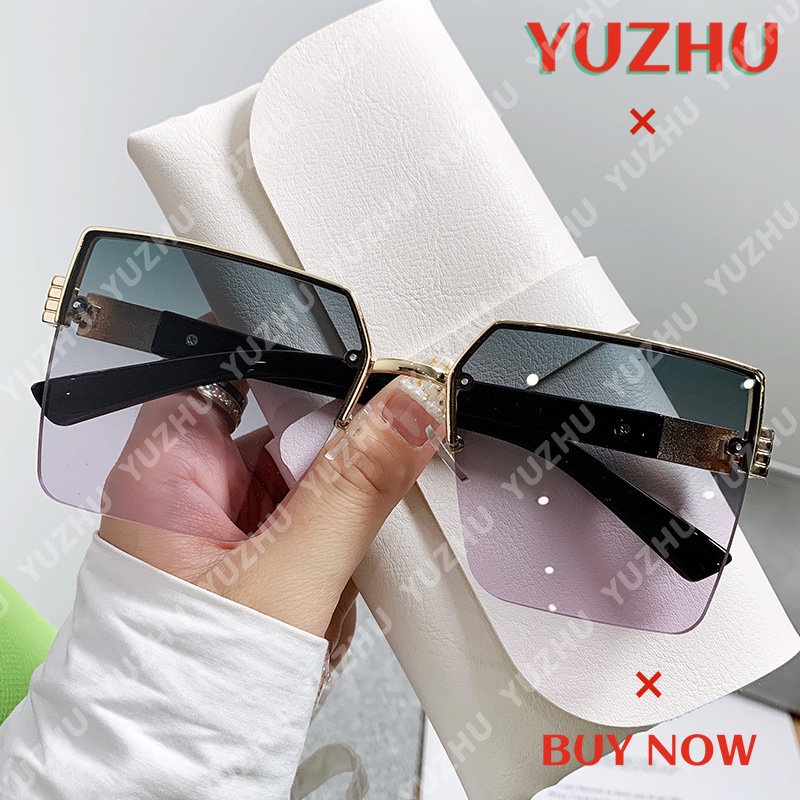 (YUZHU) Western Fashion Logam Oversized Frame Sunglasses Ringan Gaya Mewah Emas Setengah Bingkai Gradien Kacamata Hitam Untuk Wanita