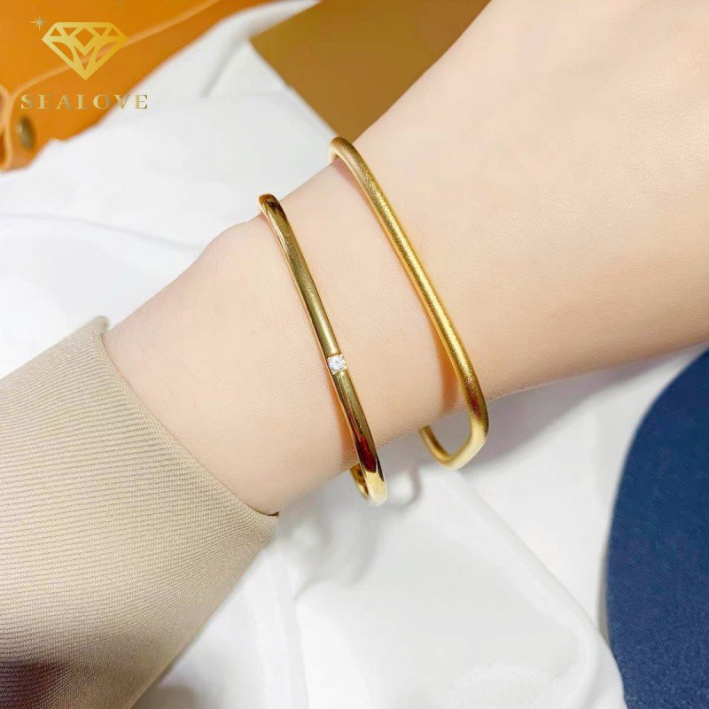 Gelang Titanium Wanita Anti Karat Persegi Satu Berlian Emas 18K Simpel Mewah Bangle Fashion Korea Style Aksesoris Perhiasan COD