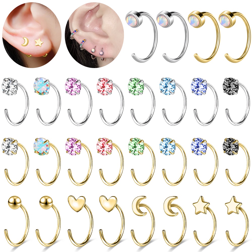 1pasang925 Sterling Silver C Shape Earrings Opal Hoop Earring Warna Kristal Anting Bulat Tulang Rawan Helix Telinga Tindik