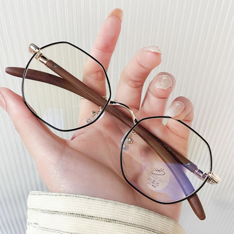 (YUZHU) Vintage Fashion Bingkai Logam Kacamata Poligonal Serat Kayu Candi Anti Cahaya Biru Eyeglasses Unisex