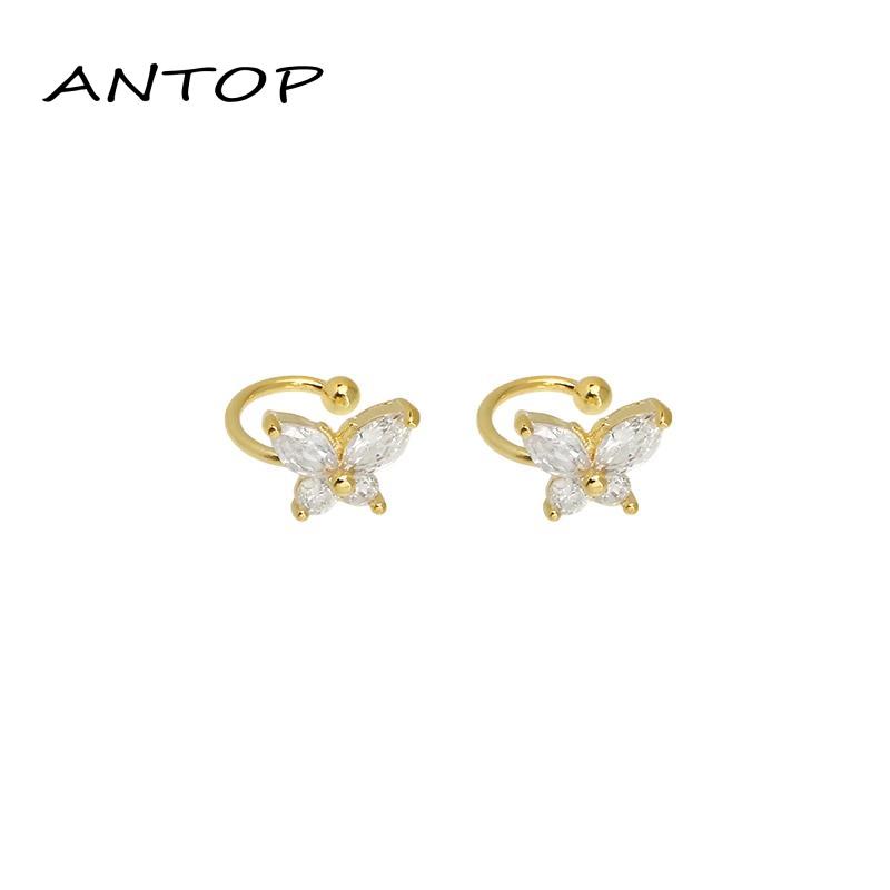 [antop] Anting Klip Desain Kupu-Kupu Kristal Warna Emas Gaya Korea Untuk Wanita