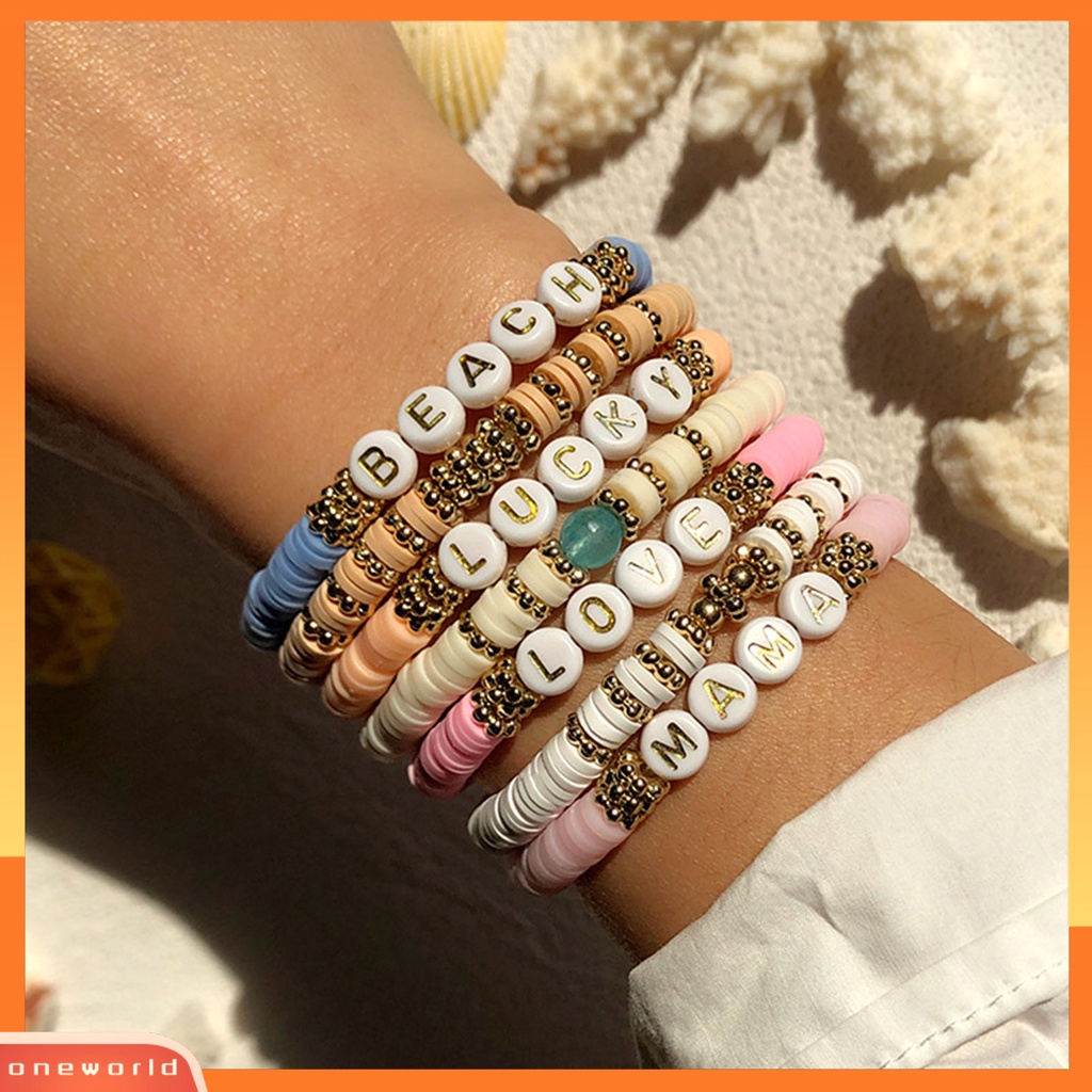 [EONE] Wanita Gelang Huruf Bahan Polymer Clay Elastis Indah Ringan Gelang Boho Untuk Pesta