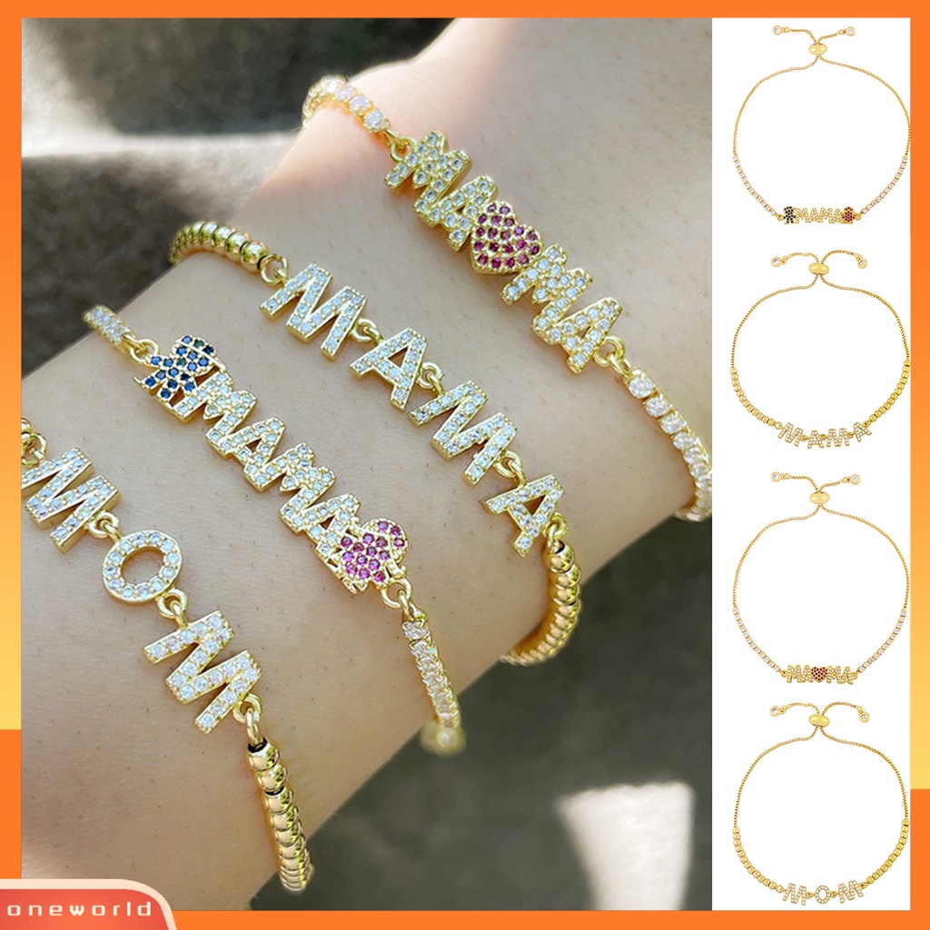 [EONE] Liontin Gelang Adjustable Cubic Zirconia Personalized Electroplating Letter Decor Hias Pengerjaan Halus MAMA Liontin Rantai Gelang Hadiah Ulang Tahun