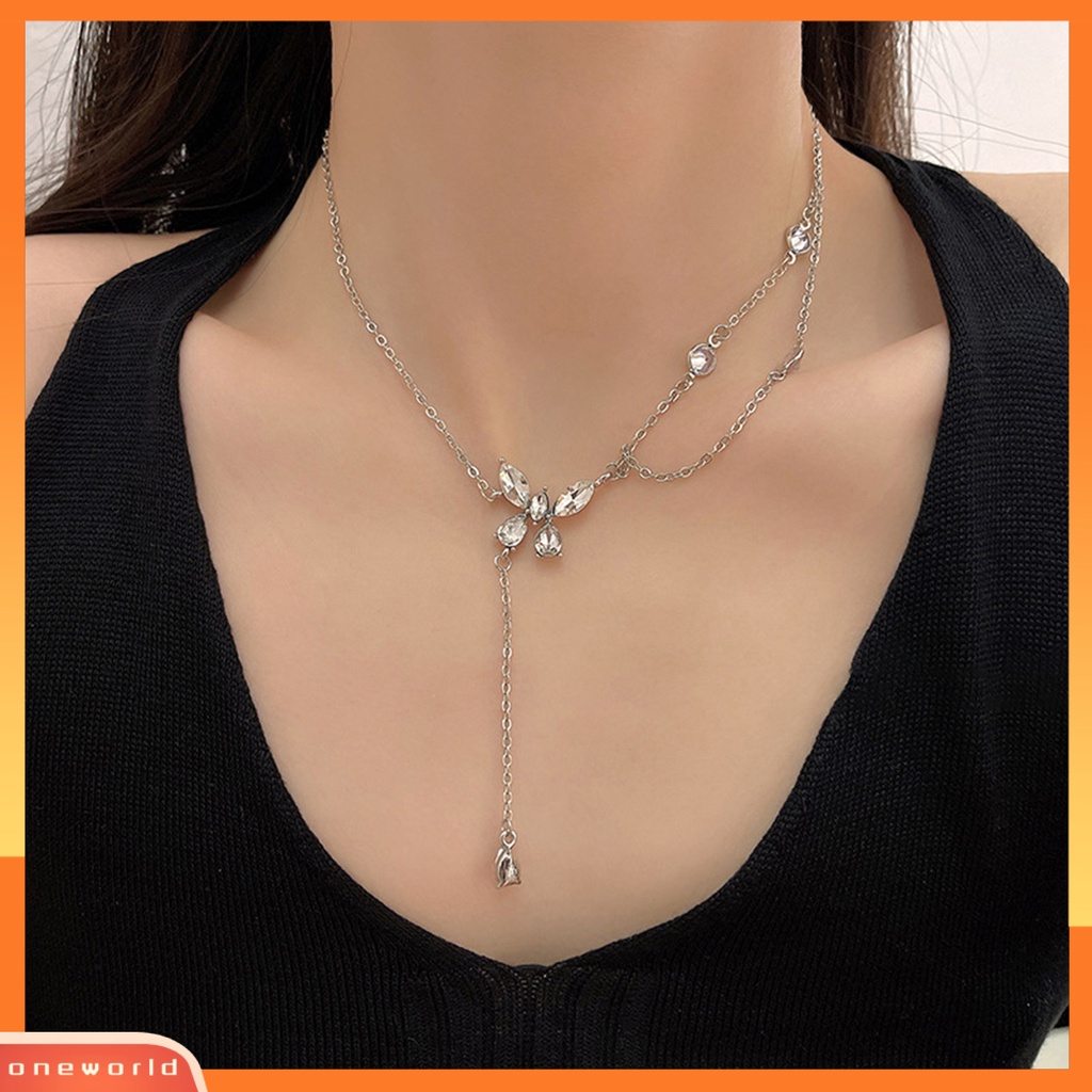 [EONE] Wanita Kalung Double-layer Asimetris Elegan Berlian Imitasi Bertatahkan Kupu-Kupu Klavikula Kalung Fashion Perhiasan