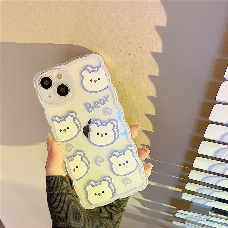 【INS Wave】Blue Line Bear Head Soft TPU Case HP iP iPhone 11 12 13 14 Pro Max 7 8 + Plus SE 2020 X XS XR Max Girl Woman Clear FTD Casing Apple