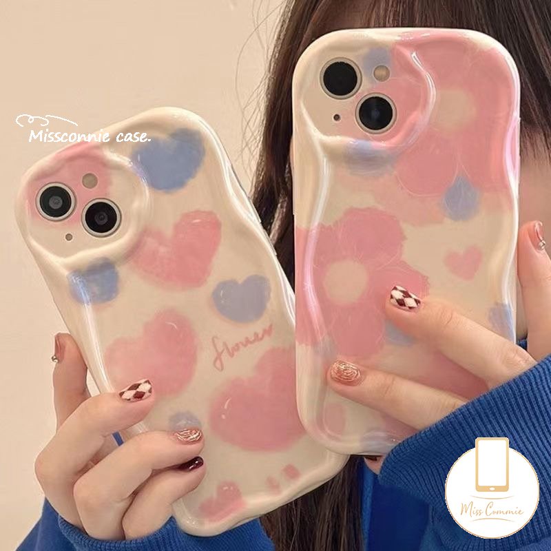 IPHONE Ins Tinta Cinta Hati Bunga Shockproof Case Kompatibel Untuk Iphone14 13 11 12 Pro Max 7Plus XR 6s 6 7 8 Plus X XS Max SE 2020 3D Wavy Curved Edge Glossy Airbag Soft Cover