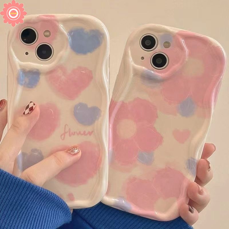 IPHONE Ins Tinta Cinta Hati Flowers Case Kompatibel Untuk Iphone11 7Plus XR 14 13 12 Pro Max 6s 6 7 8 Plus X XS Max SE 2020 3D Wavy Curved Edge Glossy Airbag Shockproof Soft Cover