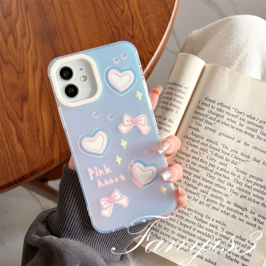 Compatible For IPhone 14 13 12 11 Pro Max X XR Xs Max 8 7 Plus SE 2020 Kompatibel Untuk Pink Love Heart Bow IMD Laser Gradient Phone Case TPU Lembut Shockproof Cover Pelindung