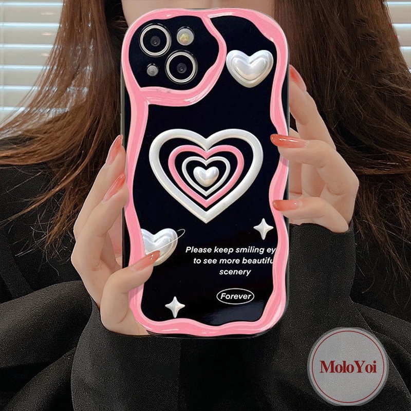 IPHONE Casing Ponsel Kompatibel Untuk Iphone11 12 13 14 Pro Max XR 7Plus 8Plus X 7 8 6s 6 Plus XS Max SE 2020 INS Pink Love Heart Leopard 3D Wavy Curved Edge Glossy Shockproof Soft Tpu Cover