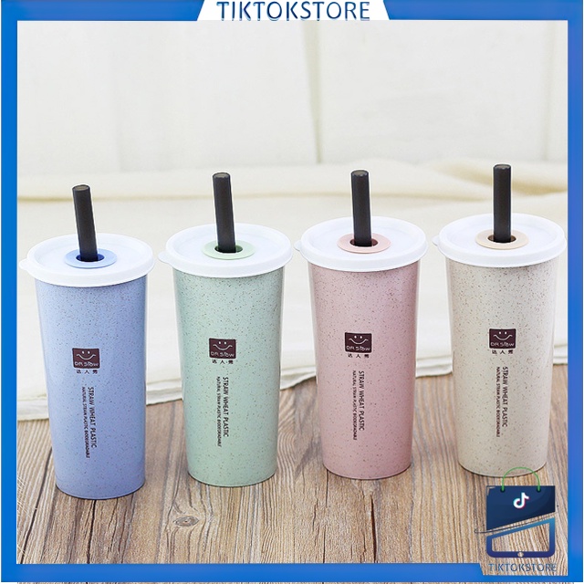 TIKTOK - D6093 Tumbler Cup Wheat Straw Eco Friendly / 2 Tutup Free Sedotan / Botol Minum Wheat H5461 / Botol Minum Sedotan Korea