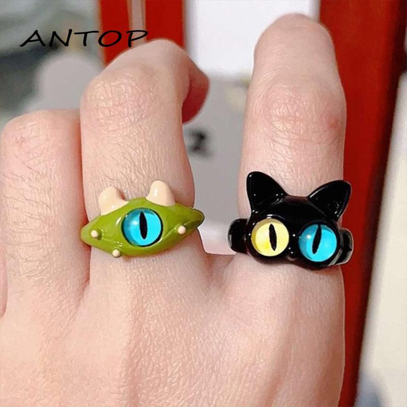 [Yumna] Cincin Pasangan Pacar Mata Besar Manis Keren Kartun Indah Lucu Kucing Hitam Monster Ring Kecil