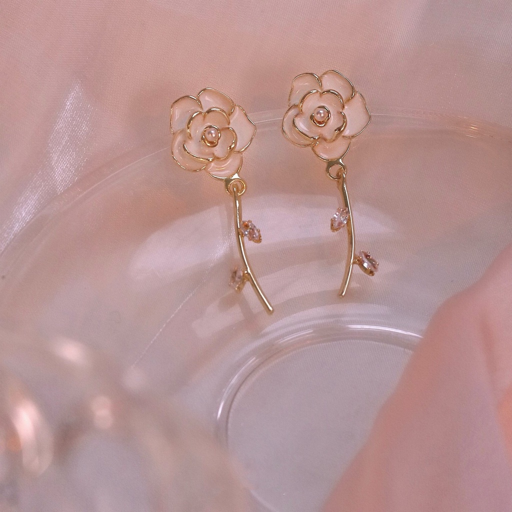 Anting Temperamen Canggih S925 Perak Jarum Putih Anting Kamelia Gunung