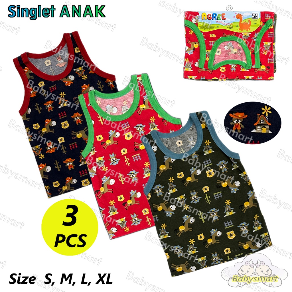 Babysmart - 3 PCS Kaos Singlet/Kutung Bayi/Anak Laki/Perempuan Motif COWBOY SG-SB 001 AGREE KIDS Size S, M, L, XL
