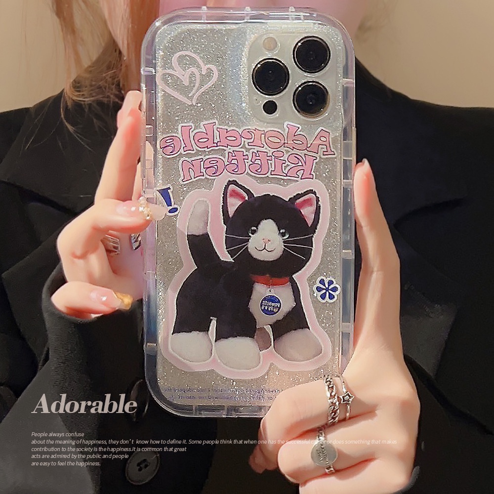 IPHONE Adorable Kitten Mainan Kucing Transparan Shockproof TPU Phone Case Cover Dengan Film Glitter Untuk Iphone11 12 13 14 PLUS PRO MAX