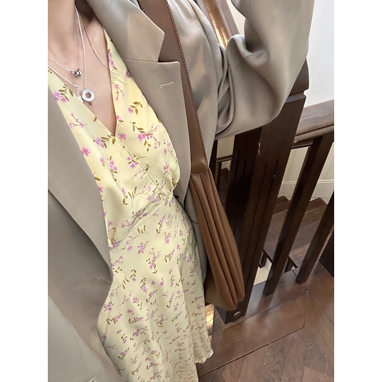 AIMEI Yellow floral dress 2023 Korean waist chic long-sleeved skirt long dress