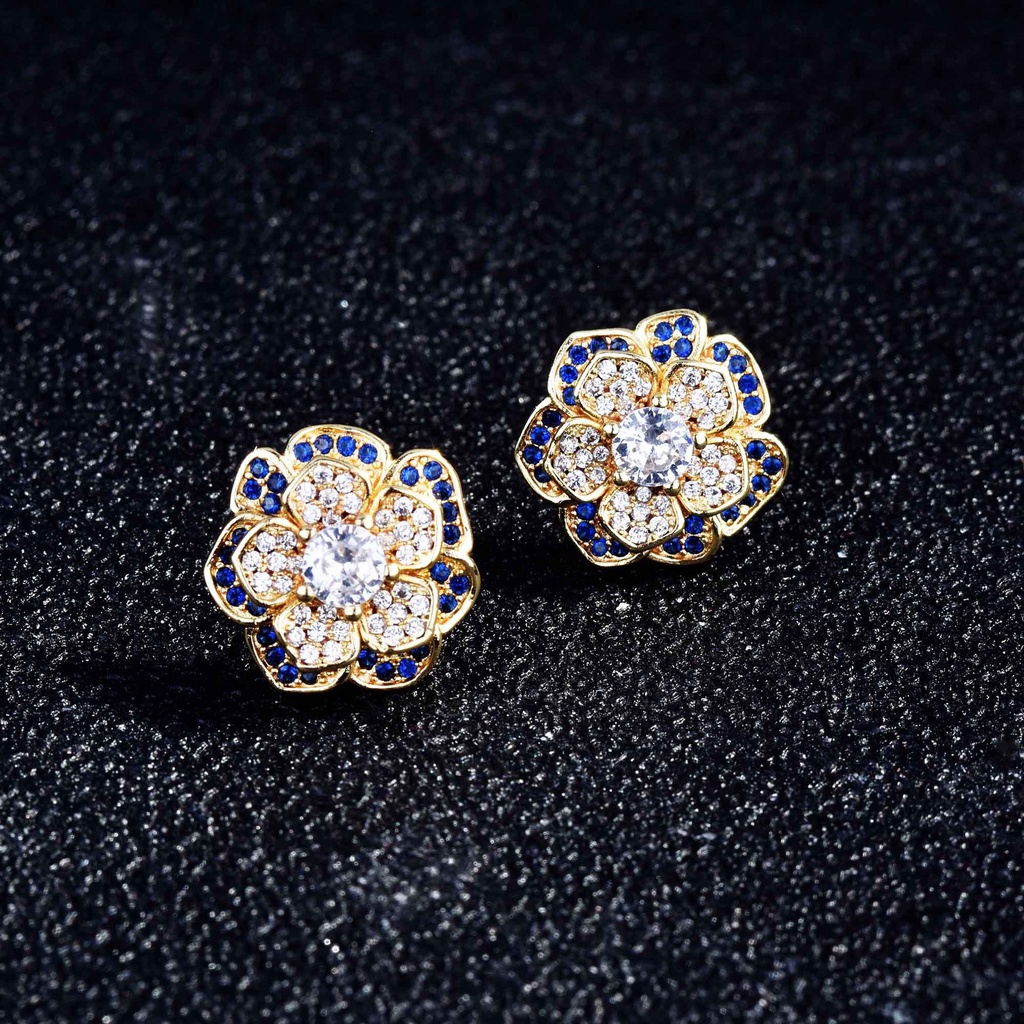 Goldkingdom Aksesoris Perhiasan Fashion Ready Stock Mikro-Hias Anting Jarum Perak Biru Multi-Lapis Anting Bunga Tiga Dimensi