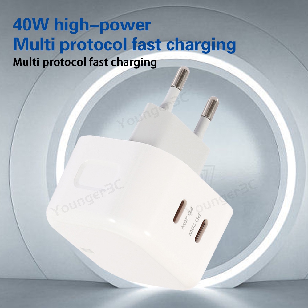 40w PD Dual Line Fast Charging Charger Handphone Tipe C PD Dual Port Flash Charging Travel Adapter Untuk ios Android Tipe C