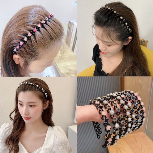COD - F5820 2in1 Bando Include Jepit Rambut Fashion Korea Pola Mutiara / Bando Rambut Kepang Korea Mutiara Kristal Headband