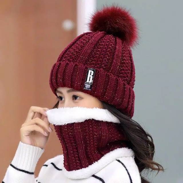 Winter Knitted Beanie Pompom Scarf Set Woman Kids Fur Inside / Topi Kupluk + Syal Rajut Wanita Anak