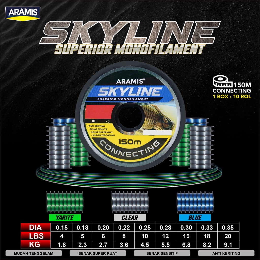 Senar Pancing Galatama Aramis Skyline Superior Nylon Monofilament Material 150 Meter Connecting Kuat dan Anti Keriting
