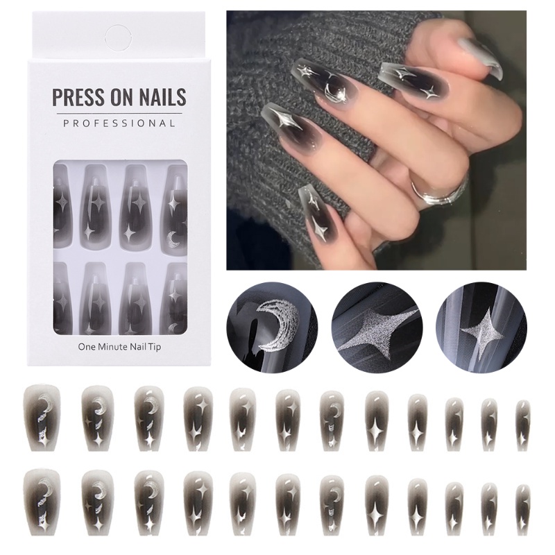 Diy Self-Adhesive Jelly Nail Patch Dilepas Aksesori Dekorasi Kuku 24 Pcs/Set Ins Angin Bulan Bintang Memakai Peningkatan Kuku Diperpanjang Hitam Perak Buatan Tangan Nail Patch