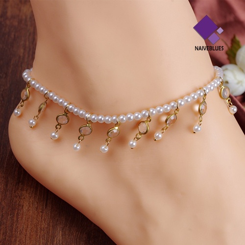 &lt; Naiveblues &gt; Gelang Kaki Wanita Mutiara Imitasi Berlian Imitasi Gelang Kaki Jumbai Barefoot Ankle Jewelry