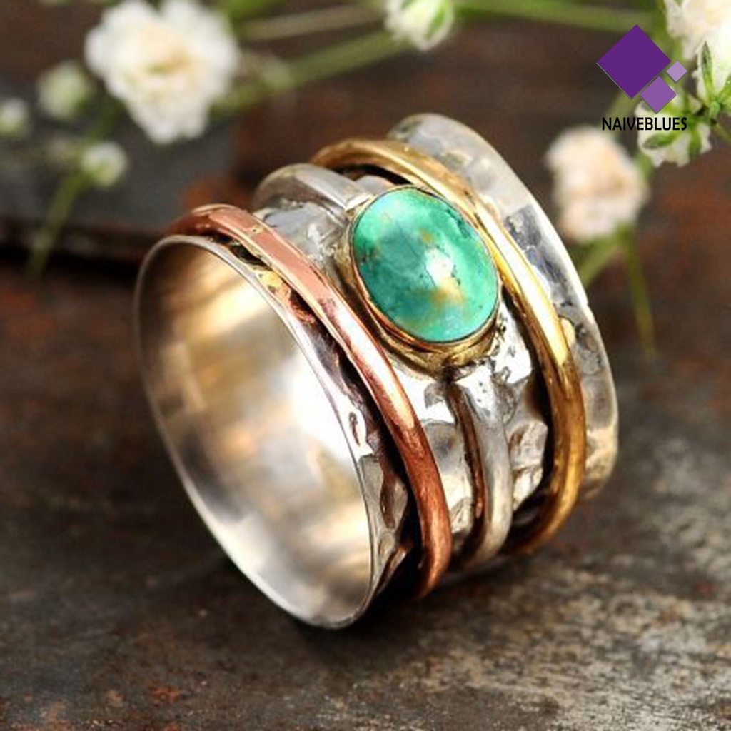 &lt; Naiveblues &gt; Cincin Pria Bohemian Vintage Hias Turquoises Jari Tiga Warna Untuk Pacaran