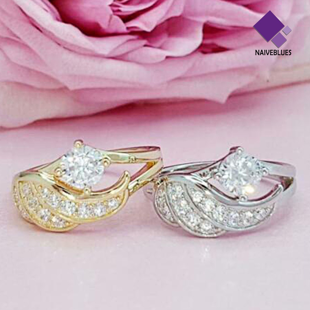 &lt; Naiveblues &gt; Wanita Cincin Kubik Zirkonic Hias Bulat Alloy Sayap Malaikat Kawin Cincin Ring