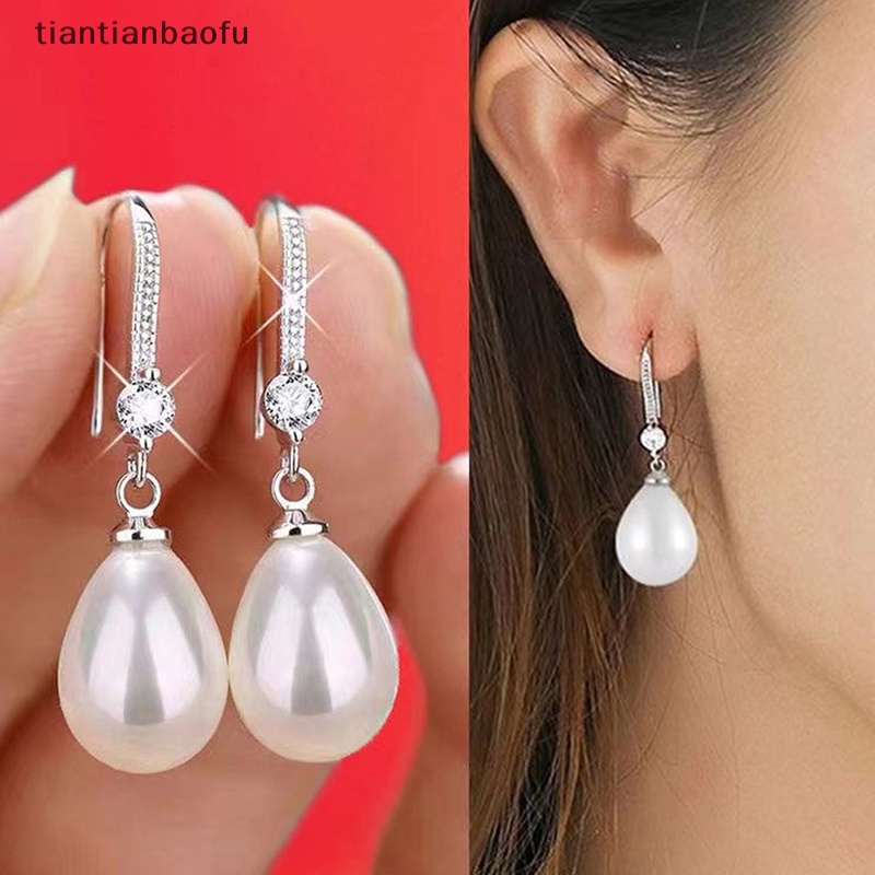 [tiantianbaofu] Perhiasan Wanita Tetesan Air Anting Mutiara Untuk Wanita Merah Putih Bulat Mutiara Oval Anting Pernikahan Pertunangan Valenes Hari Hadiah Butik