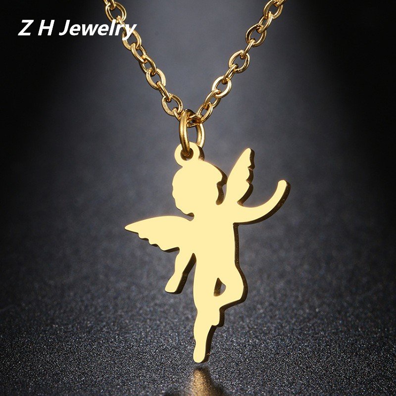 Zh Perhiasan Stainless Steel Cupid Malaikat Cinta Liontin Fashion Perempuan Kalung Hip Hop Aksesoris Pesta