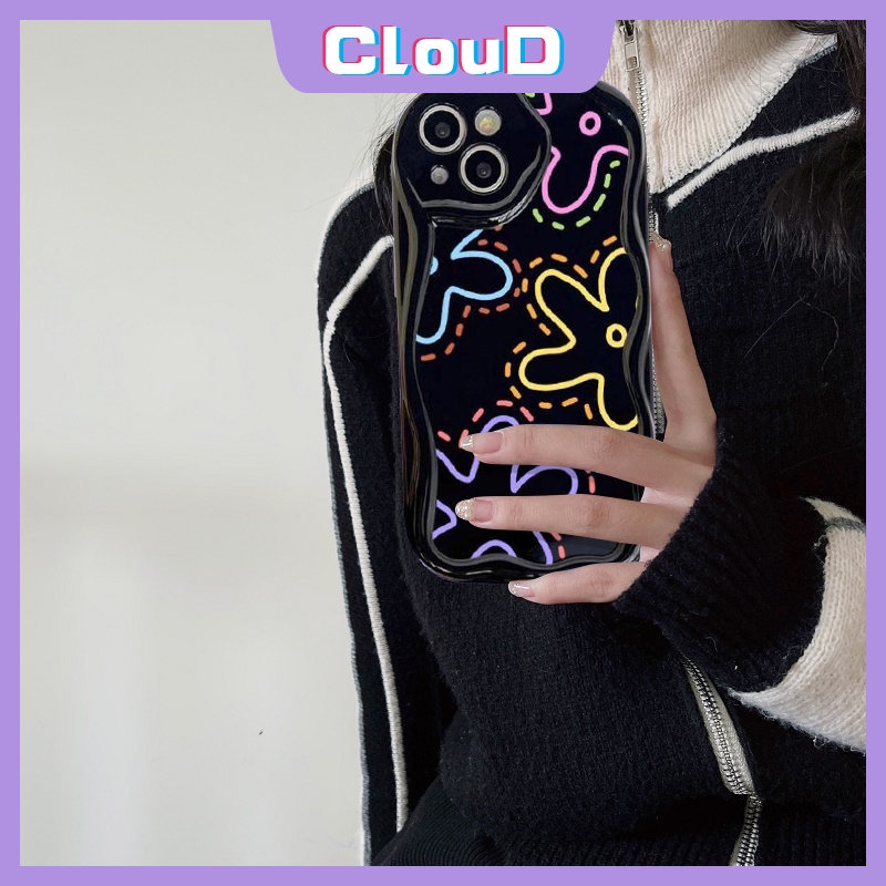 3d Wavy Curved Edge Shockproof Glossy Floral Phone Case Kompatibel Untuk iPhone 7Plus XR X11 14 12 13 Pro Max 6s 6 7 8 Plus XS Max SE 2020 Fashion Garis Sederhana Bunga Soft Cover