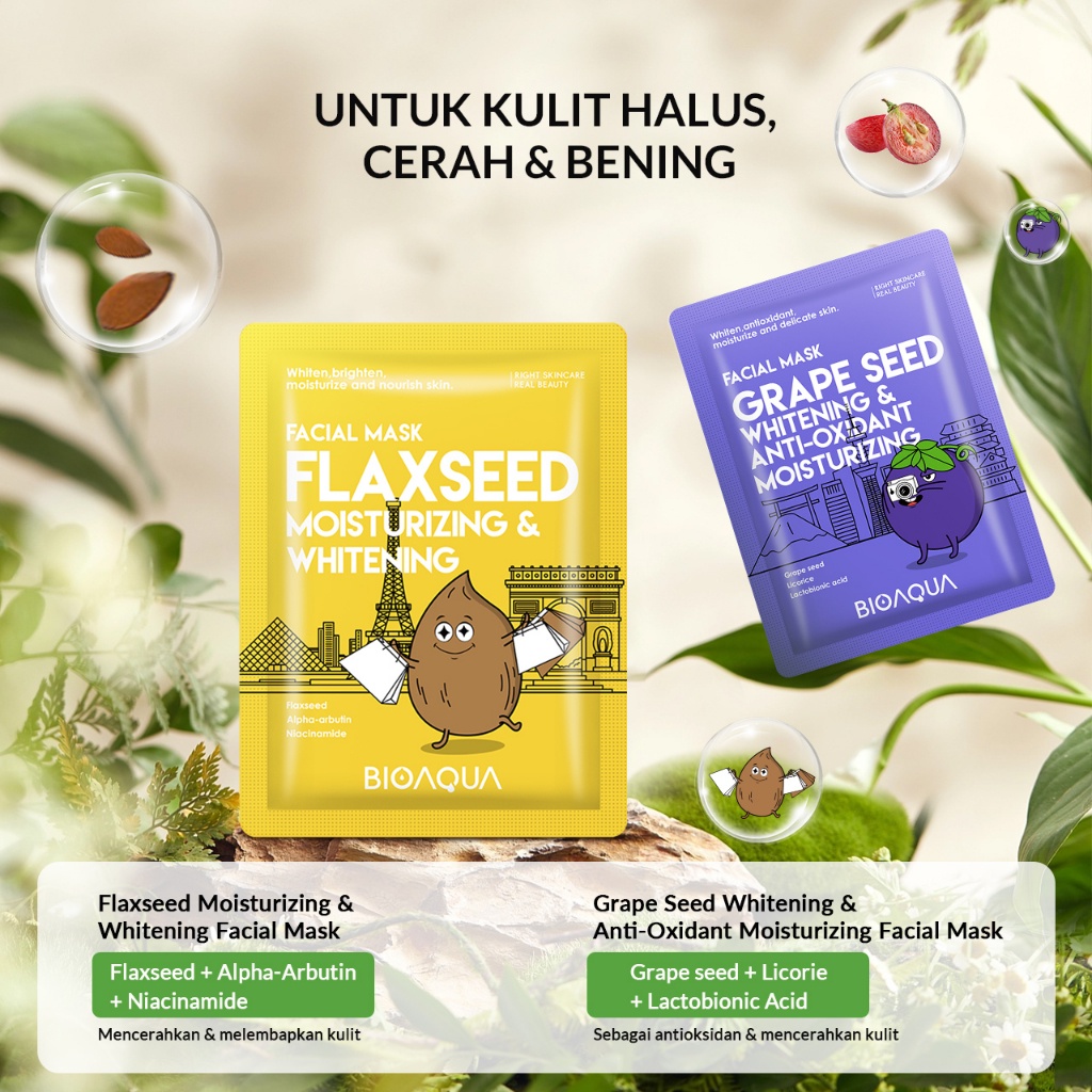 BIOAQUA Sheet Mask Masker Wajah Biji Buah Face Mask 25ml Grape Seed Whitening/Olive Soothing/Jojoba Seed Soft/Moroccan Nut Moisturizing/Coffee Bean Anti-Oxidant Masker Muka Masker Organik