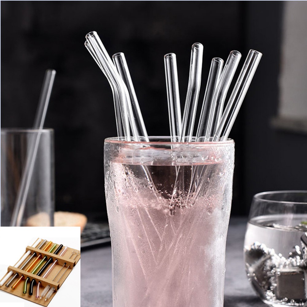 8pcs Sedotan Kaca Set Reusable Minuman Jus Buah Lurus+Lengkung+Brush Kombinasi