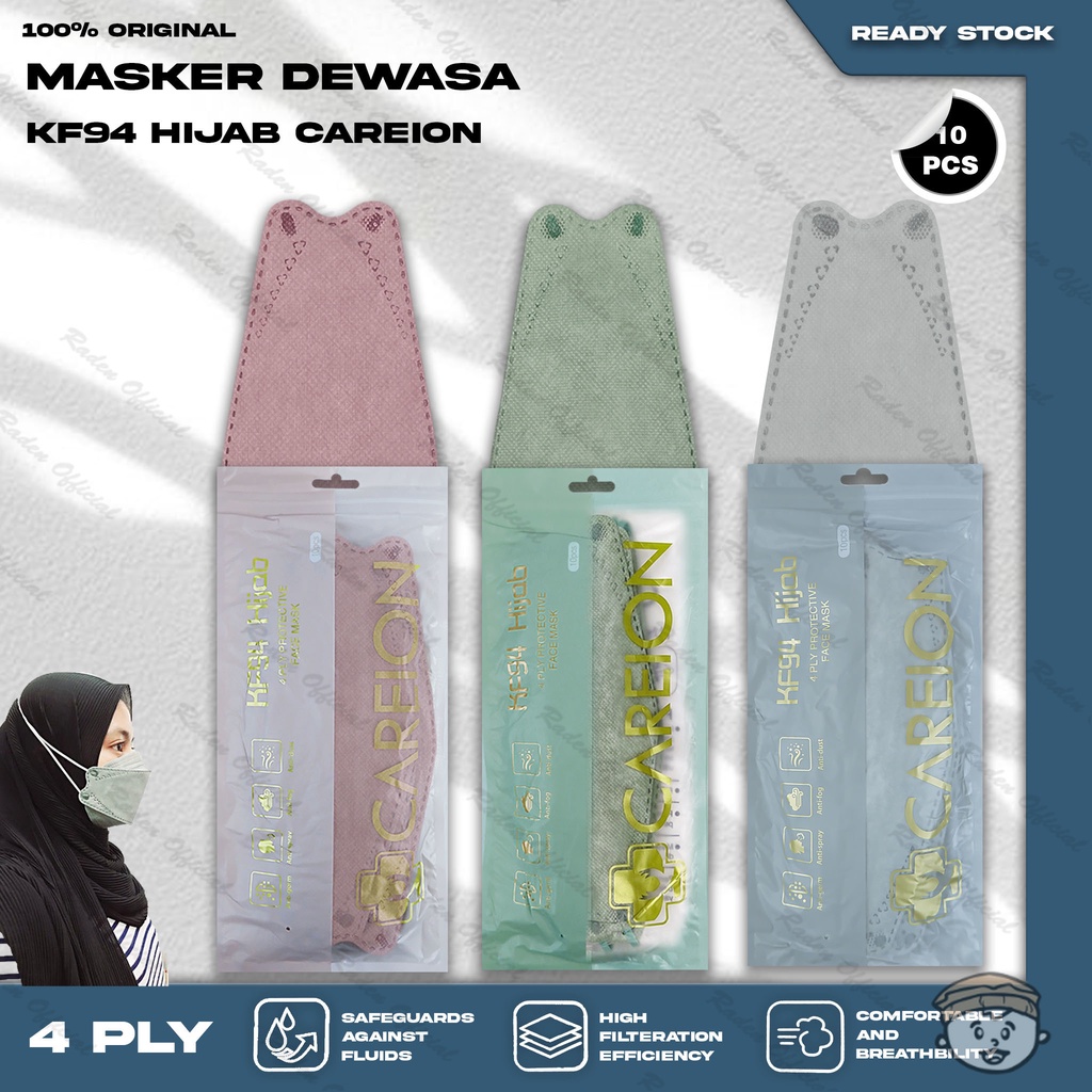 Masker KF94 Hijab CAREION 4Ply Isi 10Pcs Putih Hitam Warna KF 94 4 Ply Headloop Surgical Mask