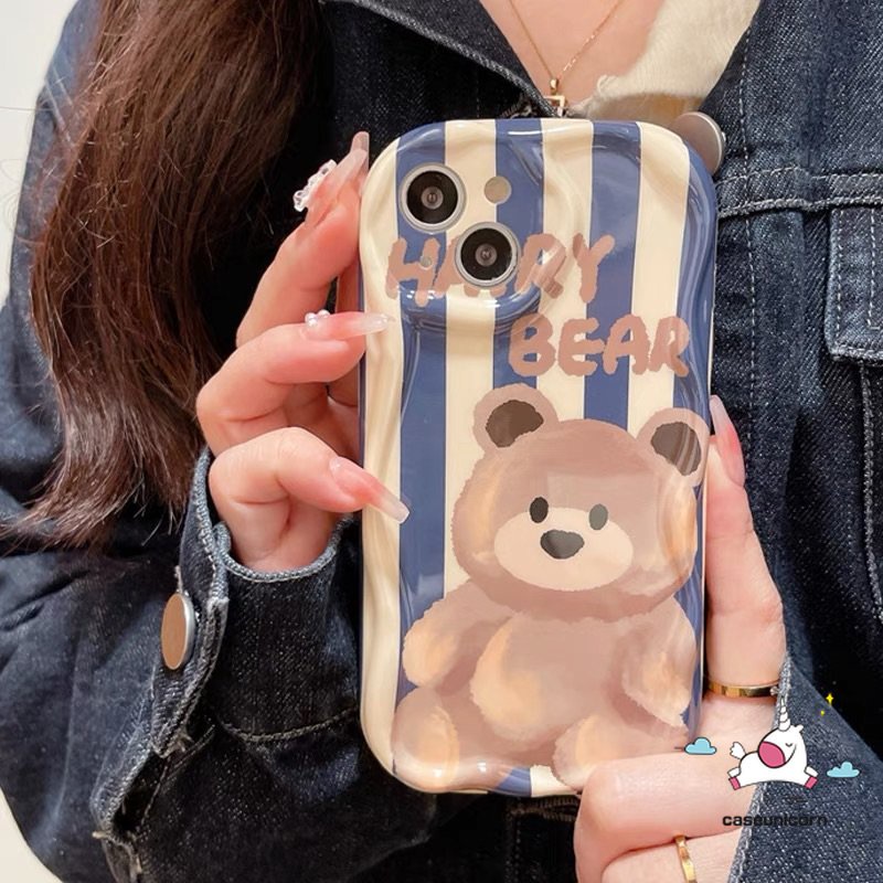 Cute Strawberry Bear 3D Wavy Curved Edge Case Untuk Redmi 9C 9T 10C 10 9A 9 10A 9C NFC A1 A2 Note10 11 10s 11s 10Pro 10 Pro Max Plus POCO M3 Cute Kartun Beruang Garis Lembut Tpu Cover