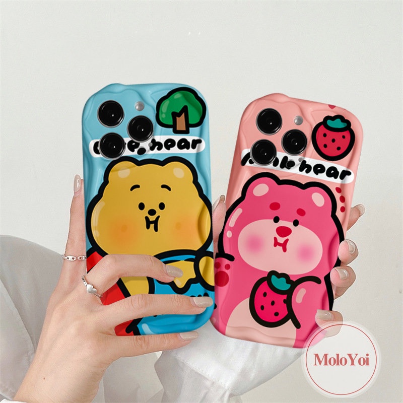 Soft Tpu Cute Winnie The Pooh Case Kompatibel Untuk IPhone XR X XS Max7 6 8 6s Plus 11 13 12 14 Pro Max 7Plus SE 2020 Kartun Strawberry Bear Manyo 3D Wavy Curved Edge Glossy Cover